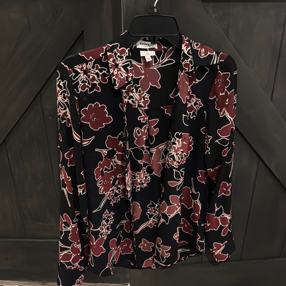 Express Black and Burgundy Floral Portafino Blouse